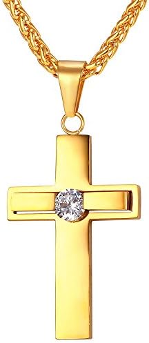 Titanium Steel Cross Pendant CZ Inlaid Necklace with Chain 22"