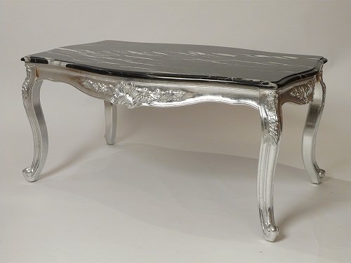 ロココ調天然大理石のサロンテーブル ブラックxシルバー