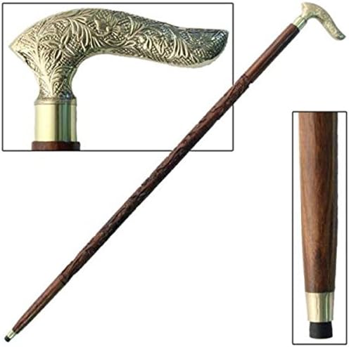 Fancy Hand Carved Hardwood Walking Stick Cast Metal Handle Gold Finished Overall Length 37" Metal Collar At Joint, Rubber Tip on End
