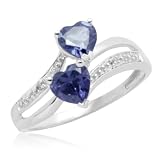 10k White Gold Double Heart-Shaped Created Ceylon Sapphire with Diamond Heart Ring