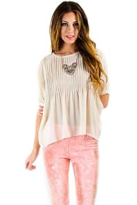 Pleated Sheer Dolman Sleeve Top in Beige
