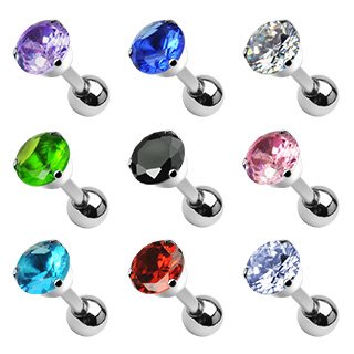 316L Surgical Steel Tragus/Cartilage Barbell with 5mm Round Black Cubic Zirconia 3-Prong - Bowl Top - 16g - Bar Length: 1/4