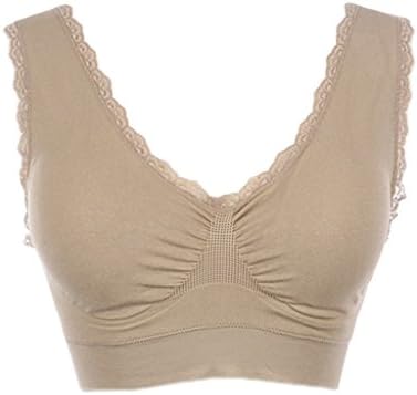 Mb Trend Seamless Sleeveless Padded Bra Crop Bralette with Lace Trim, One Size, Khaki