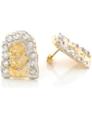 14k Two Tone Real Gold White CZ 2.03cm x 1.62cm Jesus Christ Religious Post Earrings