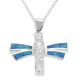 Sterling Silver Blue Created Opal and Colorless Cubic Zirconia Dragonfly Necklace