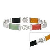 Sterling Silver Multi Color Jade and Onyx Chinese Moitf Bracelet