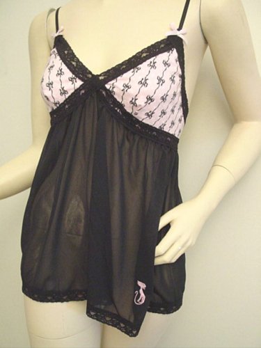 French Kitty Diva Baby Doll Night Gown Panty Set Sheer Black with Black Lace and Pink Bow - Sexy French Style Lingerie from French Kitty