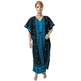 WomensKaftanBlueBlackCottonKimonoSleevesPrintedCaftans