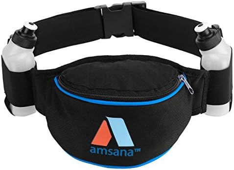 Amsana™ Hydration Runners Belt with large pouch - Fanny Waist Pack - Trip Bag - For Men &amp; Women - Two 7oz BPA Free Water Bottles Included (Blue)