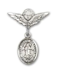 Sterling Silver Baby Badge with St. Isidore the Farmer Charm and Angel with Wings Badge Pin