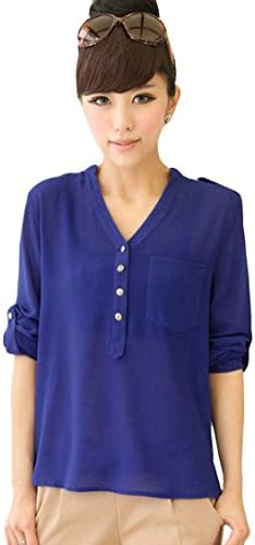 Worronland 3XL Plus Size Women Roll Sleeve V Neck Chiffon Shirts Blouse Top Blue