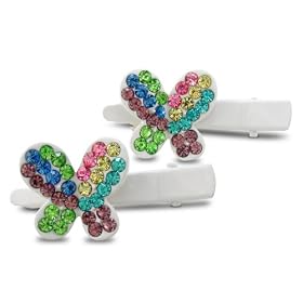 Set of Two White Butterfly Hair Pins, Multi-Color Rhinestones: Jewelry