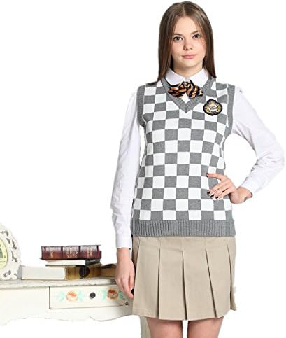 Etongenius VNeck Sweater Vest with pattarn of Gray White square for Girl Woman