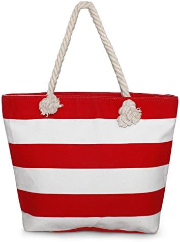 Domett Beach Bag for Women, Sturdy and Roomy Shoulder Tote, Red Stripes