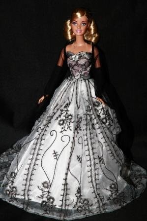 White Barbie Sized Doll Gown with Black Embroidery