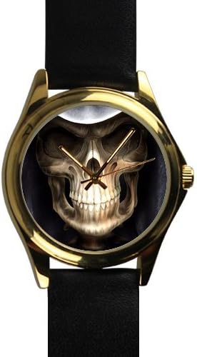 Special Design Cool Scary Skull Pattern Unisex Silver-tone Round Metal Watch, Metal watch with black leather watchband