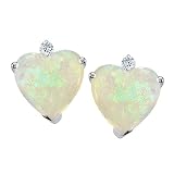 0.74 cttw 14K White Gold Genuine 7mm Heart shape Opal and Diamond Earring Studs in 14k White Gold