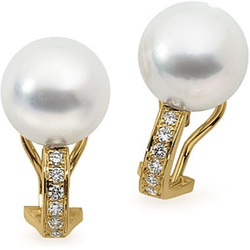 18K Yellow Gold Paspaley South Sea Cultured Fine Round Pearl and Diamond Earrings