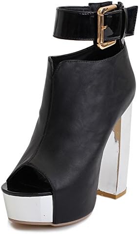 Vogue001 Womens Open Peep Toe High Heel Platform Chunky Heels PU Soft Material Solid Pumps, Black, 39
