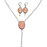 Victorian Jewelry Set Cameo Pearl - Pink - With Gift Box - Earrings & LONG Necklace