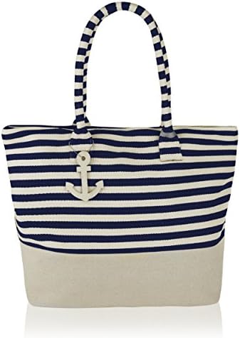 BRC Fashion Large Canvas/Cotton Striped Zipper Top Beach Bag Tote - Inner Pocket & Lining (Blue)