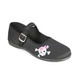 SASSIE Trendy Gothic Shoe Mary Jane Shoe Flat Shoes Black Canvas With Skull Demonia