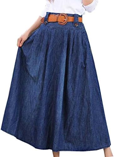 F2Y Women's Long A-line Flared Pleated Denim Skirt (2XL, Blue)