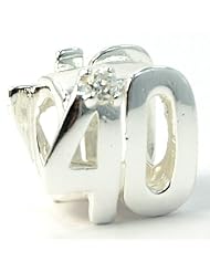.925 Sterling Silver " 2 Sided 40th Birthday w/Clear CZ " Charm Bead Compatible with Pandora Chamilia Kay Troll Bracelet