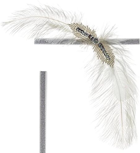 Beaded 2 Leaf Applique, Plume Feather Headband Silver/white 1920's Gasby