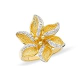 Sterling Silver Diamond Flower Ring w/ Yellow Rhodium