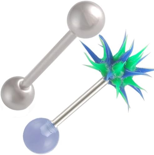14g 14 gauge 1.6mm 19mm steel tongue bars nipple barbell ear rings 6mm koosh ball Blue Acrylic AVOT 2Pcs