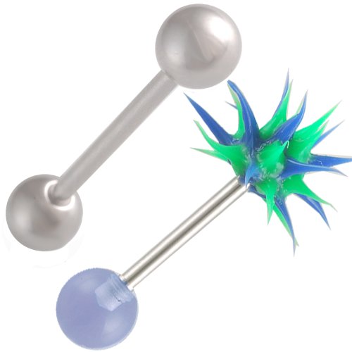 14g 14 gauge 1.6mm 19mm steel tongue bars nipple barbell ear rings 6mm koosh ball Blue Acrylic AVOT 2Pcs