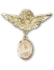14K Gold Baby Badge with St. Lawrence Charm and Angel with Wings Badge Pin
