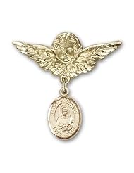 Gold Filled Baby Badge with St. Lawrence Charm and Angel with Wings Badge Pin