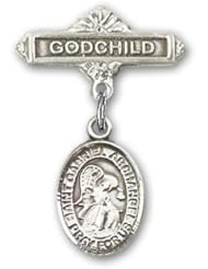 Sterling Silver Baby Badge with St. Gabriel the Archangel Charm and Godchild Badge Pin