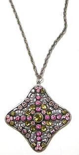 Anne Koplik Designs Sterling Silver Plated Necklace with Pink and Khaki Swarovski Crystals