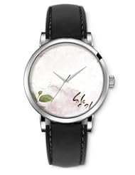 SPRAWL Aanalog Fashion Series Silver Ladies Watches of Genuine Black Leather Strap,Unique Wrist Watch for Women Girls Designed with White background with leaves
