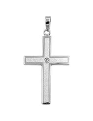 Sterling Silver Latin Cross Pendant Satin Finish w/ Polished Edge Solid 925 35mm with 1.3mm Curb Chain