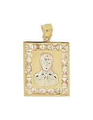 14k Yellow Gold, Malverde Medallion Pendant Charm with Lab Created Gems 15mm Wide