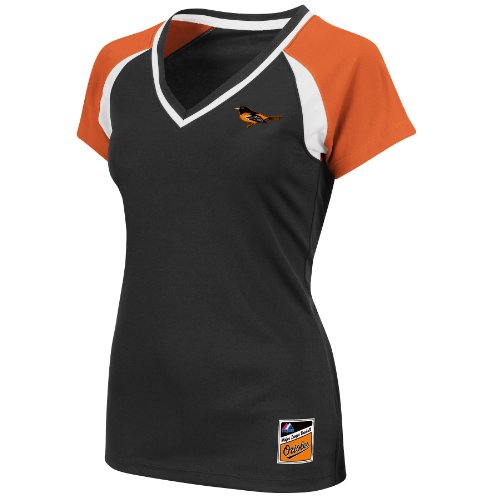 MLB Baltimore Orioles Women's Short Sleeve Raglan Deep V-Neck Synthetic Tee (Black/Dark Orange/White, Small)