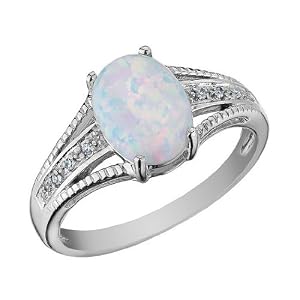Created Opal Ring with Diamonds 1.0 Carat (ctw) in 10K White Gold