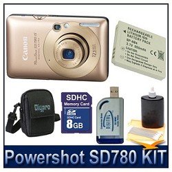 Canon PowerShot SD780IS 12.1 MP Digital Camera with 3x Optical Image Stabilized Zoom and 2.5-inch LCD (Gold) Enthusiast Kit