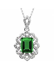 14K White Gold Emerald Cut Chatham Created Emerald and Diamond Pendant -- LIFETIME WARRANTY