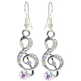 1/2 X 1 1/2 Treble Clef Earrings with Rhinestones In Aurora Borealis with Silver Finish