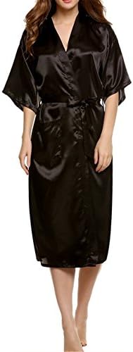 Women's Kimono Robes Solid Color Silk Satin Long Nightgown Sleepwear Black XXL