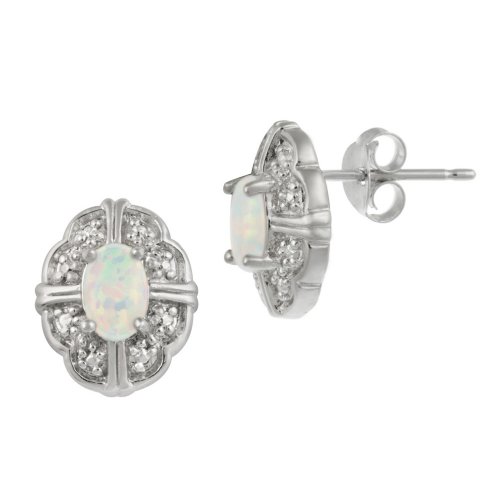 Sterling Silver Diamond-Accent Created-Opal Floral Button Post Earrings