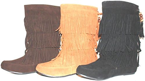 Fashion Women Multi- Color Lima Tribial Indian Moccacnins Three Layerd Tassels Fring Beaded Winter Mid Calf Cowboy Faux Suede Sexy Dress Boot Shoes.