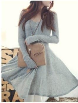 Jielry Grey Blends Women Fashion Round Neck Long Sleeve Asymmetrical Knee-Length Dress One Size FZ72261g (Color Gray)