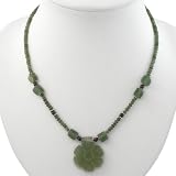 Handmade Green Serpentine & Red Agate Necklace With Antiqued Silver Beads - Flower Pendant
