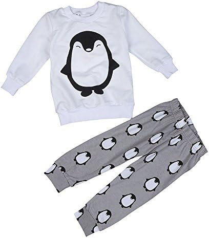 Buedvo 2pcs Boys Girls Cotton Clothes Kids long Sleeve Penguin Paint Shirt+Pant Outfit (18-24Months, Gray)
